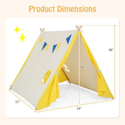Costzon Teepee Tent for Kids, Pine Wood Frame Triangular Playhouse w/Cute Windows