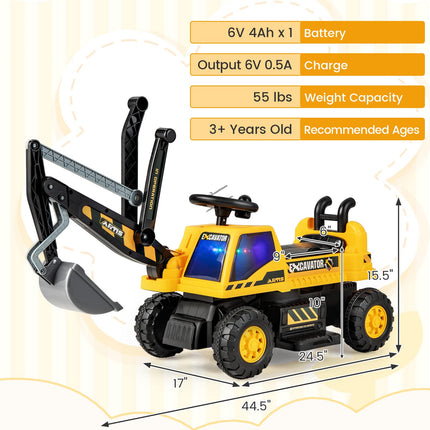 Costzon Ride on Excavator, 6V Battery Powered Digger with Under Seat Storage, Music, LED Lights