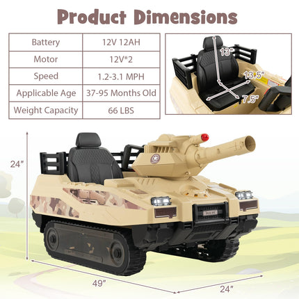 Costzon Kids Ride On Tank, 12V 12AH Battery Powered Toy Tank w/Rubber Tracks