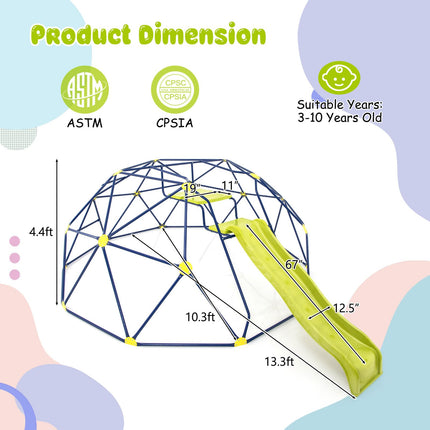 Costzon Climbing Dome with Extended Wavy Slide, 13.3FT Outdoor Jungle Gym Monkey Bar, 2 in 1 Geometric Dome Climber Playground Set