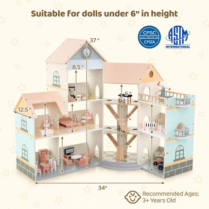 Costzon Wooden Dollhouse for Kids, 3-Story Luxury Doll House, DIY Pretend Dollhouse Playset