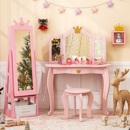 Costzon Kids Vanity & Jewelry Armoire Cabinet, Pretend Play Wooden Kids Vanity Table and Chair Set