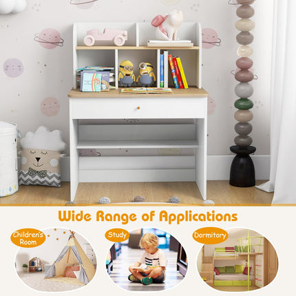 Costzon Kids Desk, Wooden Childrens Study Desk with Hutch, Drawer, Storage Shelf