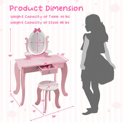 Costzon Kids Vanity Set with Mirror, 2 in 1 Princess Makeup Dressing Table