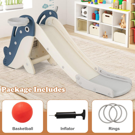 Costzon Foldable Toddler Slide, Freestanding Baby Climber Playset Kids Slide with Basketball Hoop, Ring Toss, Ball, Inflator & Rings