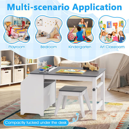 Costzon Wooden Kids Art Table and Chairs w/Paper Roll 4 Paint Cups Storage Shelves