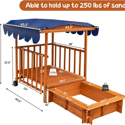 Costzon Kids Retractable Sandbox with Canopy, Wooden Cedar Cabana Playhouse w/Large Play Area