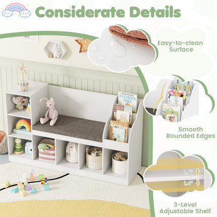 Costzon Kids Bookcase w/Reading Nook 3-in-1 Toy Organizer w/Removable Seat Cushion