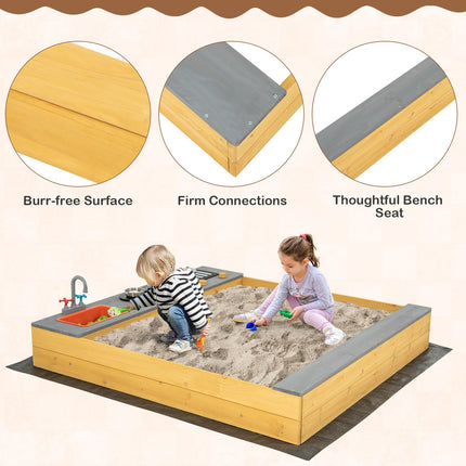 Costzon Kids Sandbox, Wooden Sand Pit w/Kitchen Playset Accessories, Water Faucet