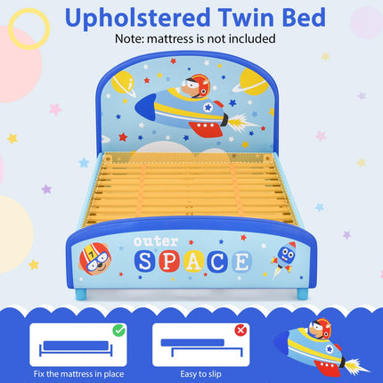 Costzon Twin Bed Frames for Kids, Wood Upholstered Twin Bed Platform with Slat Support, Fits Standard Twin Mattress