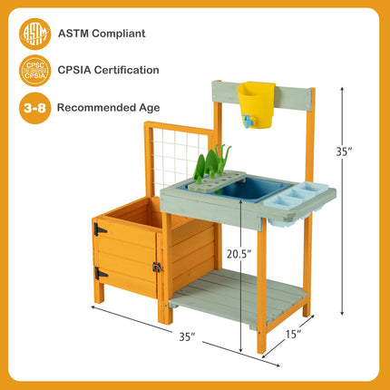 Costzon Mud Kitchen, Kids Potting Bench with Garden Bed & See-Through Window, Treills, Kids Kitchen Playset