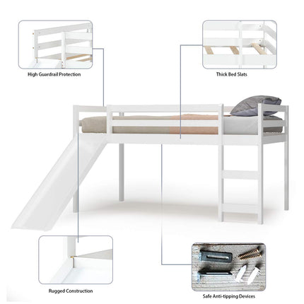 Costzon Twin Loft Bunk Bed with Slide, Built-in Ladder and Guard Rail, Kids Solid Wood Low Bunk Bed Frame