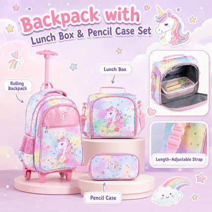 Baby Joy 3 Pieces Rolling Backpack for Kids | Wheeled Backpack with Lunch Box and Pencil Case