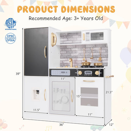 Costzon Play Kitchen for Kids, Wooden Toy Kitchen Set with Stoves, Microwave, Blackboard, Water Dispenser, Telephone