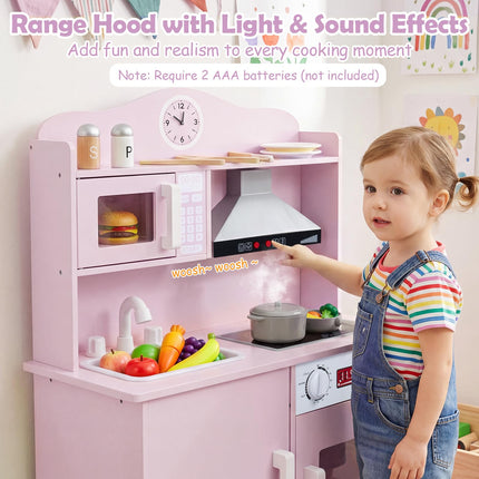Costzon Play Kitchen for Kids| Wooden Kitchen Playset w/Range Hood