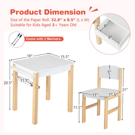 Costzon Kids Table and Chair Set, Kids Art Table with Paper Roll, Wooden Activity Table, Toddler Table and Chair Set