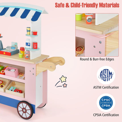 Costzon Wooden Grocery Cart, Kids Pretend Role Play Market Stand with Play Food