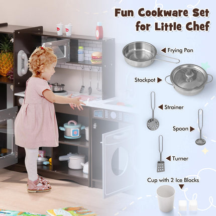 Costzon 2-Piece Play Kitchen for Kids, Wooden Toy Kitchen Set with Washing Machine, Kids Kitchen Playset with Sounds & Lights