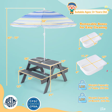 Costzon Kids Picnic Table, 4 in 1 Sand & Water Table w/Adjustable Umbrella