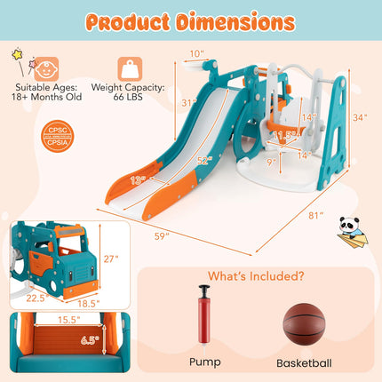 Costzon 6 in 1 Toddler Slide and Swing Set, Mini Bus Indoor Outdoor Baby Swing with Basketball Hoop