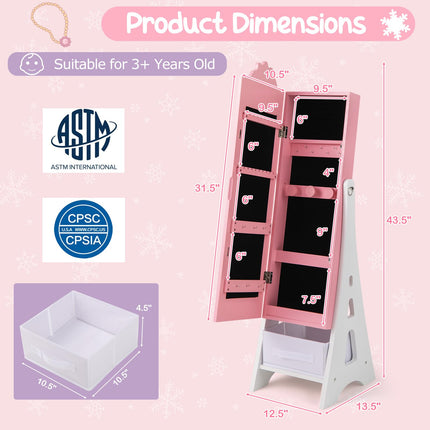 Costzon Kids Jewelry Armoire Cabinet, 43.5" Standing Jewelry Organizer with Full-Length Mirror