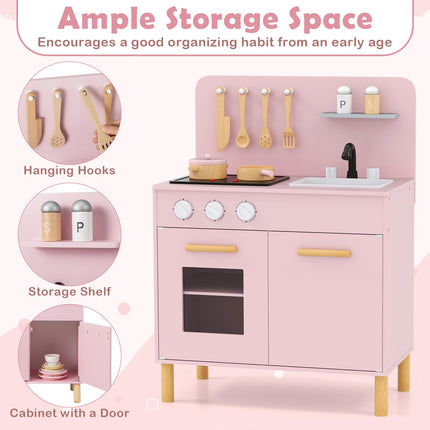 Costzon Kids Kitchen Playset, Wooden Pretend Play Kitchen with Lights and Sounds
