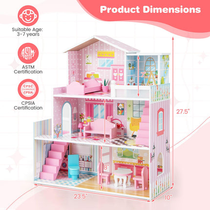 Costzon Wooden Dollhouse for Kids, 3-Story Semi-Open Doll House with 5 Rooms & 10 Pieces Furniture Set