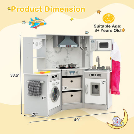Costzon Kids Corner Kitchen Playset, Wooden Play Kitchen, Little Chef Pretend Cooking Toy for Toddlers 3+