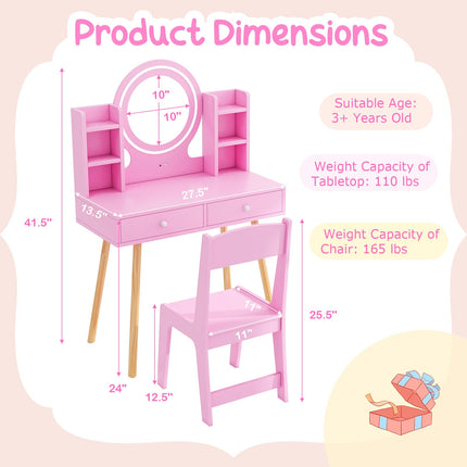 Costzon Kids Vanity, Girls Vanity Set with Mirror and Stool and Lights, Drawers, Storage Shelves