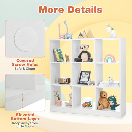 Costzon Toy Organizers and Storage, Wooden White 9-Cube Kids Bookcase for Books Toys Display Organization