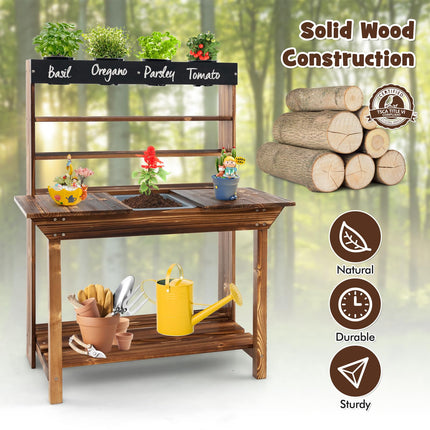 Costzon Kids Potting Bench, Wood Toy Gardening Center with 4 Pots, Mud Kitchen for Kids Outdoor Play Kitchen