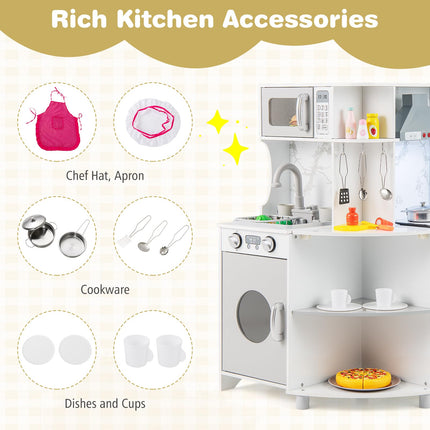 Costzon Corner Play Kitchen, Wooden Kids Kitchen Playset with Water Circulation, Real Lights & Sounds