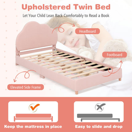 Costzon Twin Bed Frames with Adjustable Headboard, Upholstered Wooden Kids Bed w/Slats Support