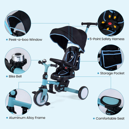 Costzon Kids Tricycle 8-in-1 Folding Toddler Trike  Handle Removable & Adjustable Canopyight