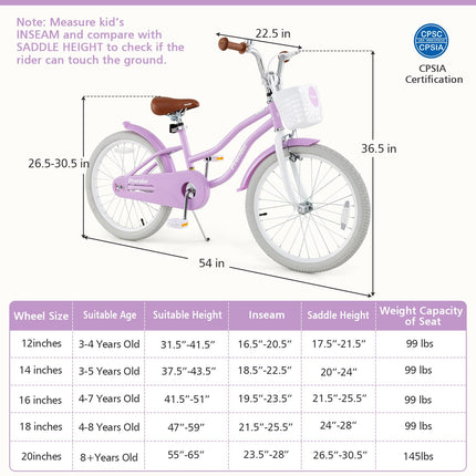 BABY JOY Kids Bike, 20 Inch Boys Girls Bike w/Adjustable Seat, Removable Basket, Handbrake & Coaster Brake, Kickstand