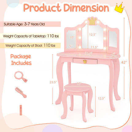 Costzon Kids Vanity with Lights, Girls Vanity Set with Mirror and Stool, Drawer, 2 in 1 Princess Makeup Desk Dressing Table
