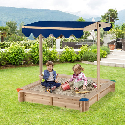 Costzon Kids Wooden Sandbox with Canopy, Square Cabana Sandbox with Ground Liner