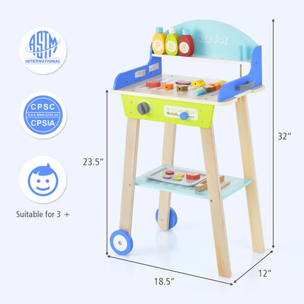 Costzon Kids Barbecue Grill Playset, Wooden Pretend Cooking Truck with 21 Play Food & Barbecue Accessories