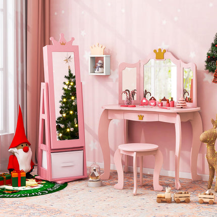 Costzon Kids Vanity & Jewelry Armoire Cabinet, Kids Makeup Vanity Table and Chair Set