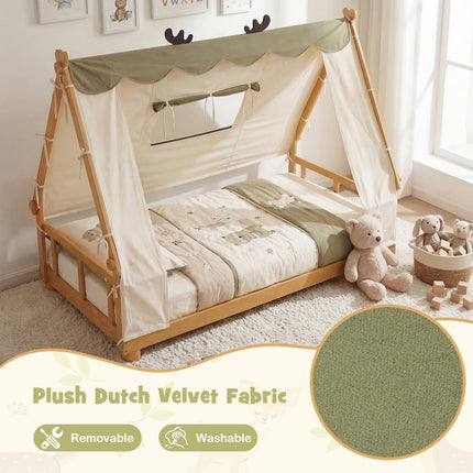 Costzon Twin Bed Frames for Kids Wooden House Antlers-Shaped Floor Bed w/Tent