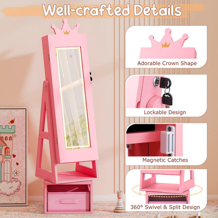 Costzon LED Kids 360° Swivel Jewelry Cabinet with Full Length Mirror