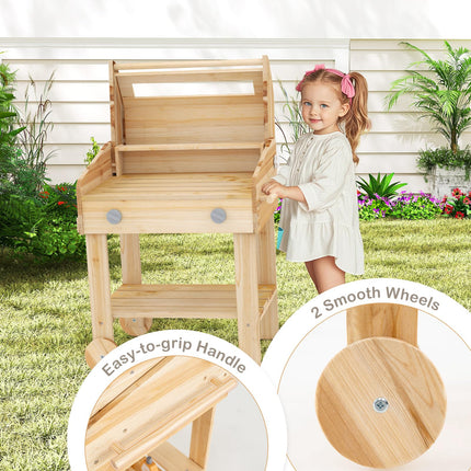 Costzon Kids Grill Playset with Wheels, Wooden Kids BBQ Grill Playset with Play Food（With Wheels）
