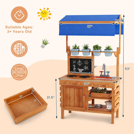 Costzon Mud Kitchen, Fir Wood Kids Kitchen Playset with Adjustable Canopy