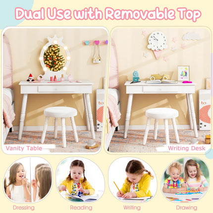 Costzon Kids Vanity, Girls Vanity Set with Mirror and Stool and Lights, Drawer, Pretend Play Kids Vanity Table and Chair Set