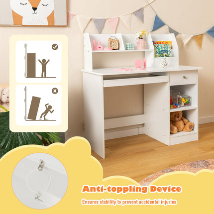Costzon Kids Study Desk, Wooden Writing Table w/Keyboard Tray, Hutch, Drawer, Storage Shelves