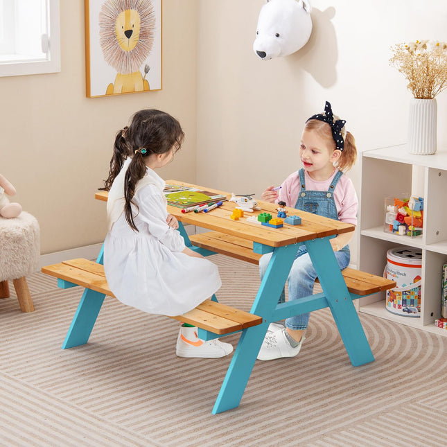 Costzon Kids Picnic Table, Fir Wood Children’s Activity Table with Benches, Toddler Patio Furniture Set