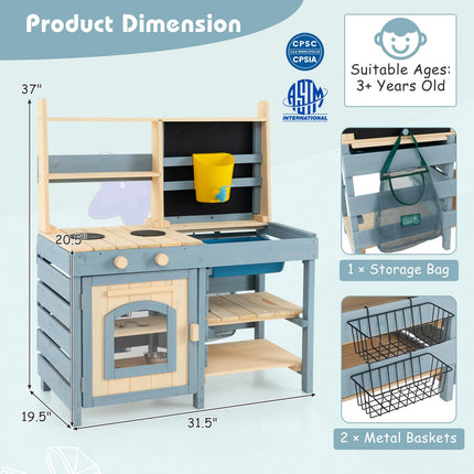 Costzon 2 in 1 Mud Kitchen, Fir Wood Outdoor Play Kitchen & Grocery Store w/Removable Sink
