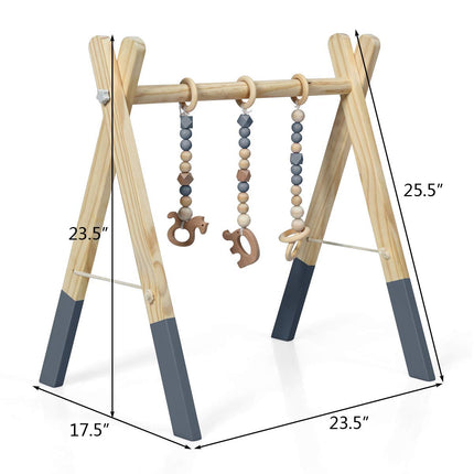 BABY JOY Portable Wooden Baby Gym, Foldable Baby Play Gym Frame, Baby Exercise Activity Gym Hanging Bar