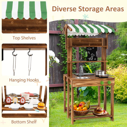 Double Sided Outdoor Play Kitchen and Barbecue Grill Playset with Canopy