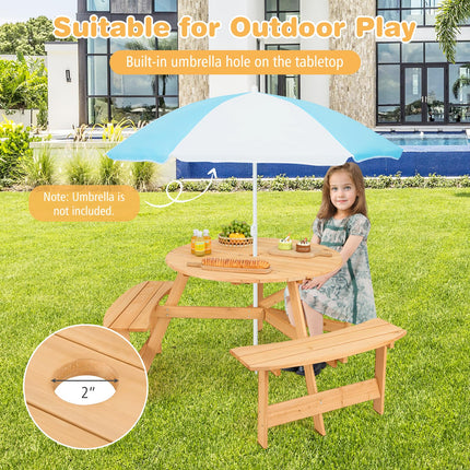 Costzon 6 Person Kids Picnic Table, Fir Wood Round Picnic Table with 3 Built-in Benches